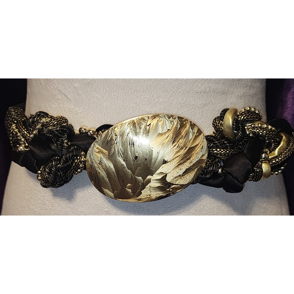 Vintage Statement Braided Belt Black Gold Metallic Oval Buckle Glam Size S
